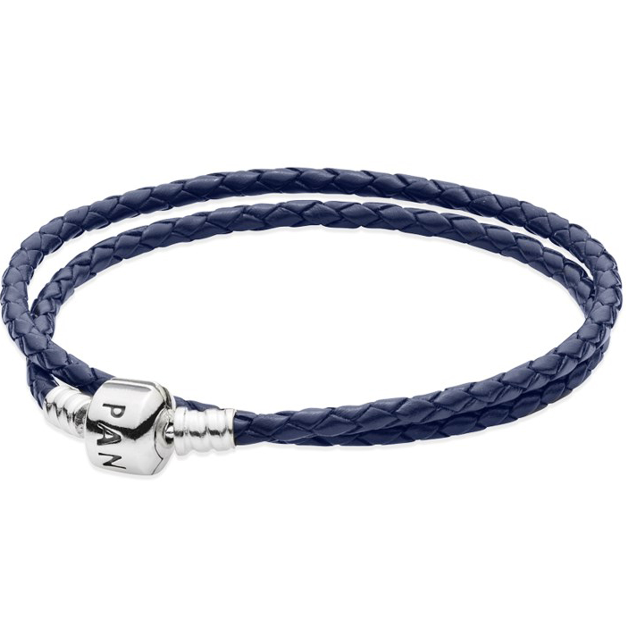 Двойной кожаный синий браслет с застежкой из серебра | PANDORA 