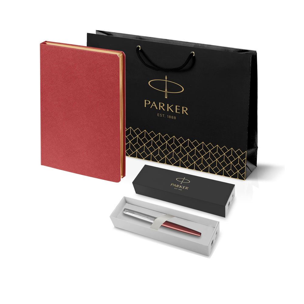 Подарочный набор: Ручка-роллер Parker (Паркер) Jotter Core T63 Kensington Red CT M F.BLK и Ежедневник недатированный красный | PARKER 